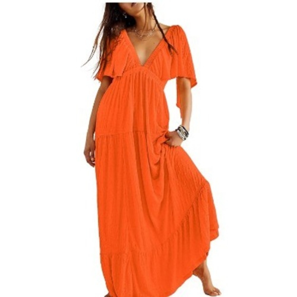 NWT Kikibell Orange‎ Maxi Dress V Neck Flutter Sleeve, Tiered, Flowy, Boho Small